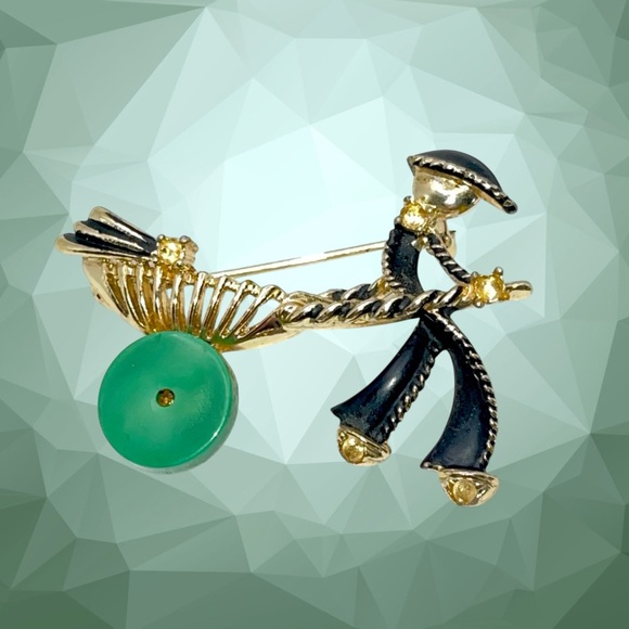 Cute Vintage Figural Asian With Rickshaw Cart Brooch Gold Tone Enamel Lucite - Picture 5 of 11